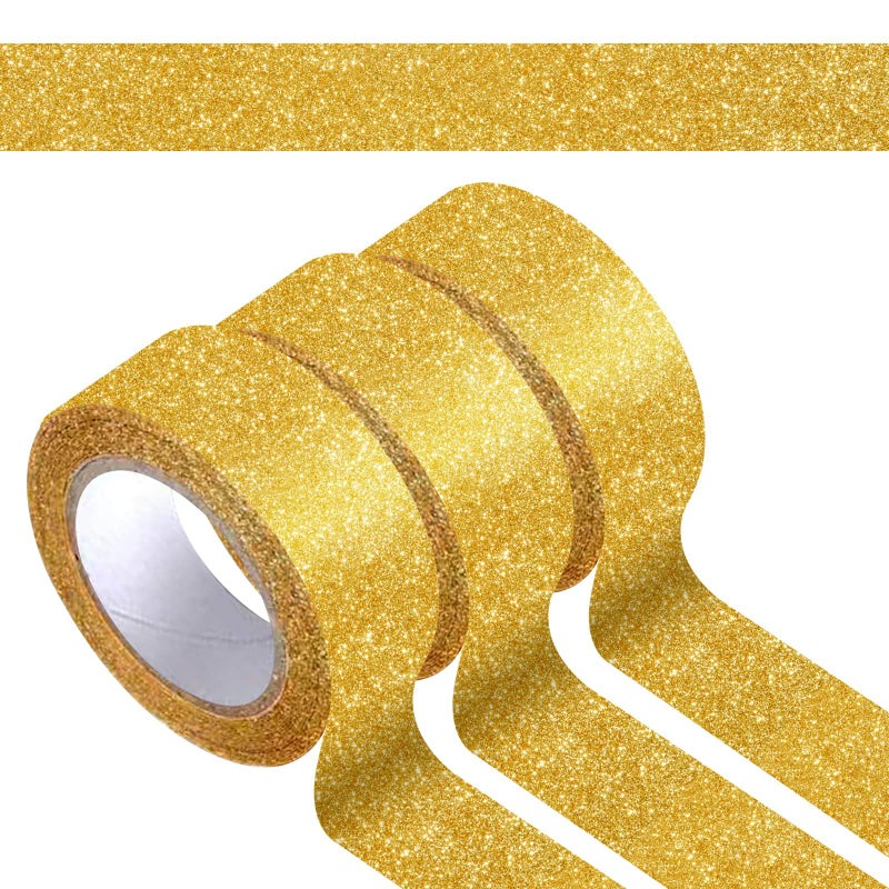 HAPY SHOP 3 Rolls Gold Glitter Tape,Gold Glitter Washi Tape 15mm by 5m,Total 15m/17.5 Yards,for Scrapbook,Crafting - Image 1